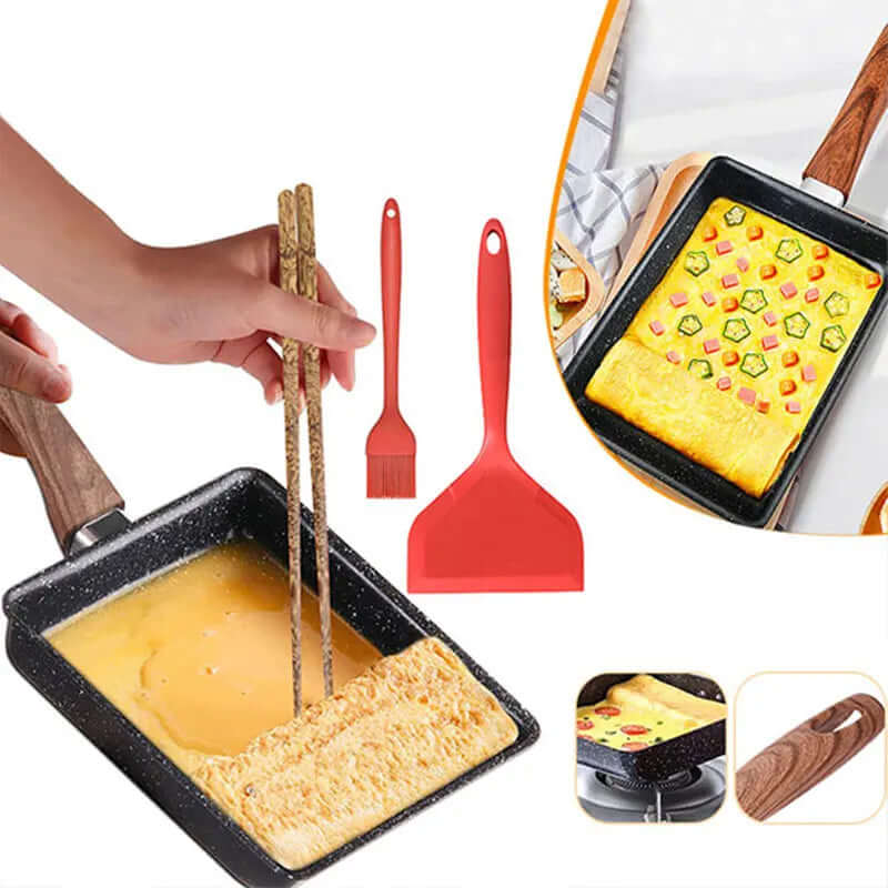 Tamagoyaki Japanese nonstick omelette pan with wooden handle, perfect for cooking egg rolls and small dishes.