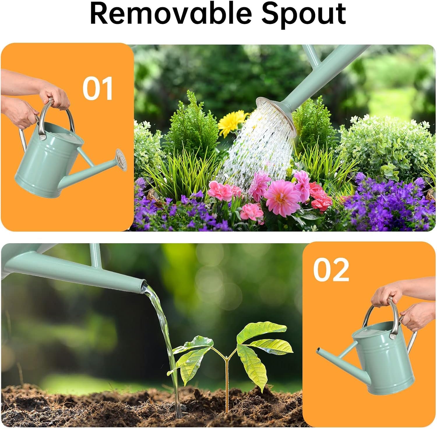 Metal Watering Can for Outdoor Plants, Galvanized Steel Watering Can with Removable Spout, 1 Gallon,Perfect Home & Garden Décor Cream Green