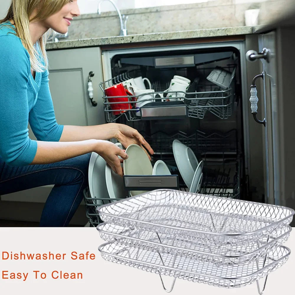 3-Layers Air Fryers Rack Stackable Grid Grilling Rack Stainless Steel Anti-Corrosion Home Kitchen Oven Steamer Cooker Gadgets