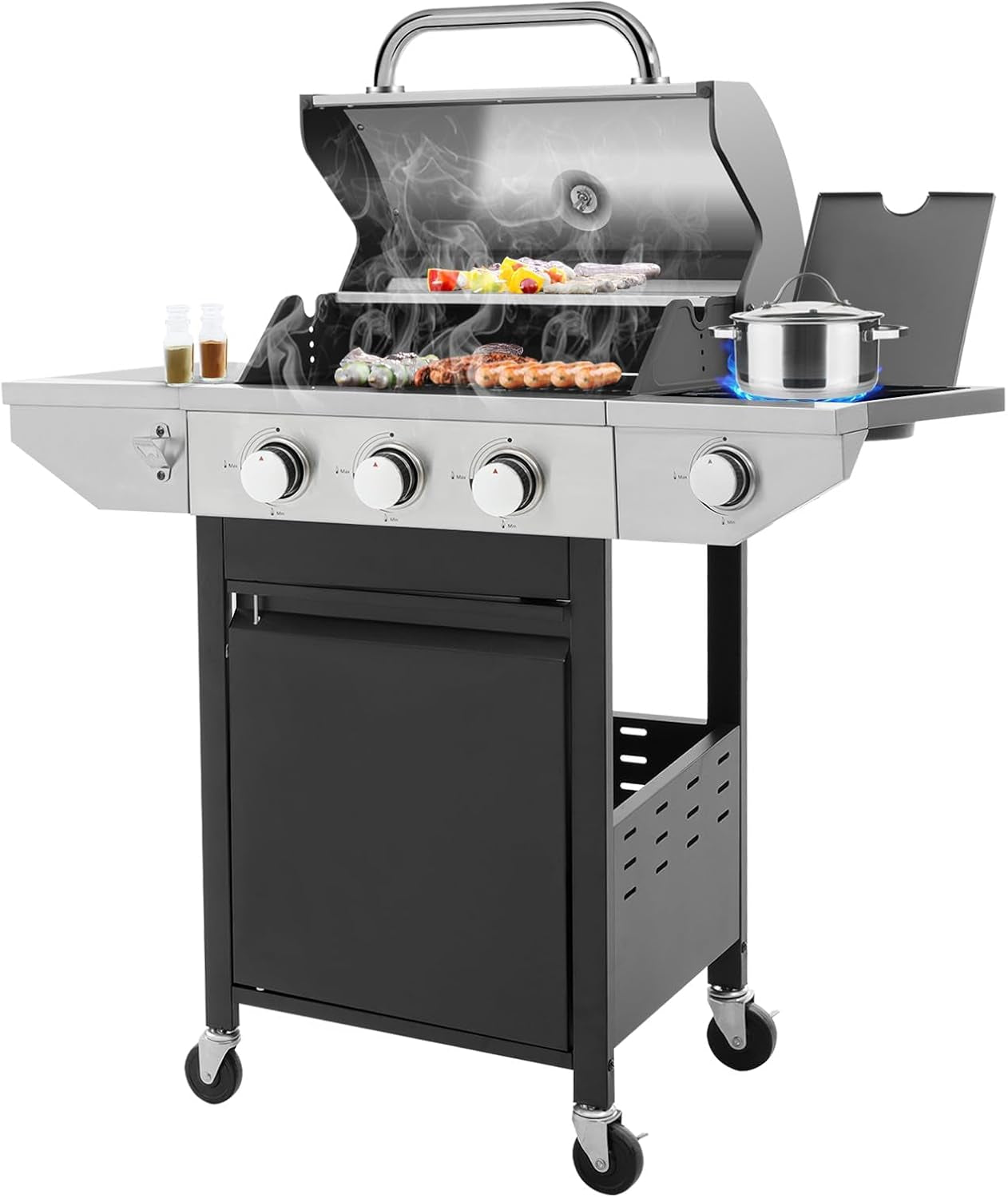 3-Burner Propane Gas BBQ Grill with Side Burner & Porcelain-Enameled Cast Iron Grates Built-In Thermometer, 37,000 BTU Outdoor Cooking, Patio, Garden Barbecue Grill, Black and Silver