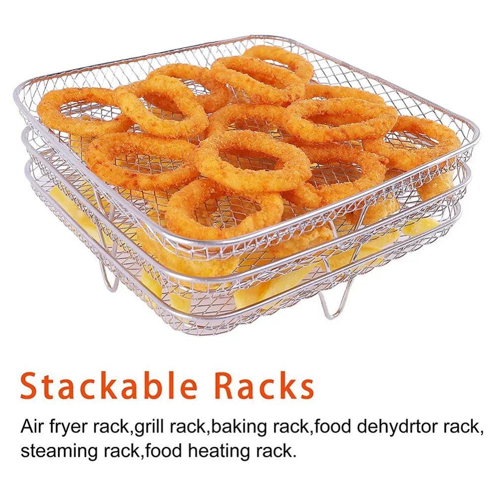 3-Layers Air Fryers Rack Stackable Grid Grilling Rack Stainless Steel Anti-Corrosion Home Kitchen Oven Steamer Cooker Gadgets