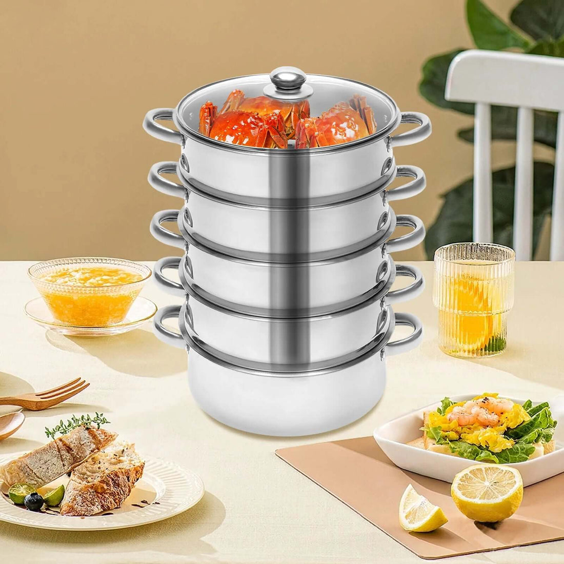 Multi-function 5-layer stainless steel steamer for cooking, 26cm size, with measurements indicated on each layer, top view with lid.