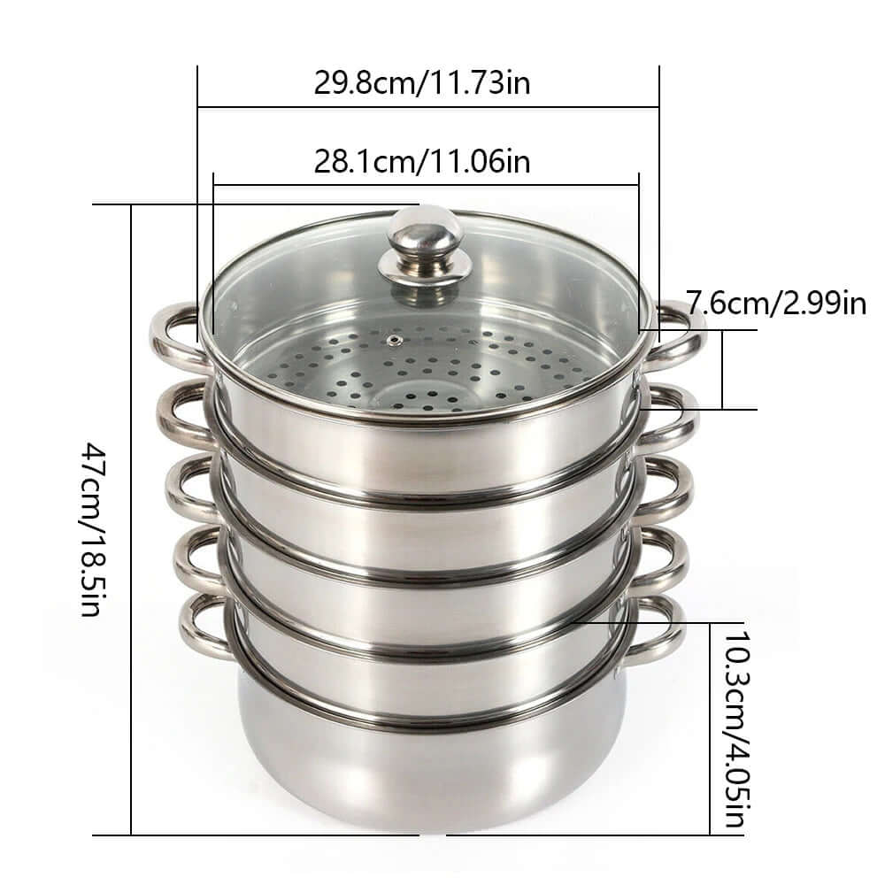 Multi-function 5-layer stainless steel steamer with measurements for cooking, durable and easy-to-clean kitchen appliance