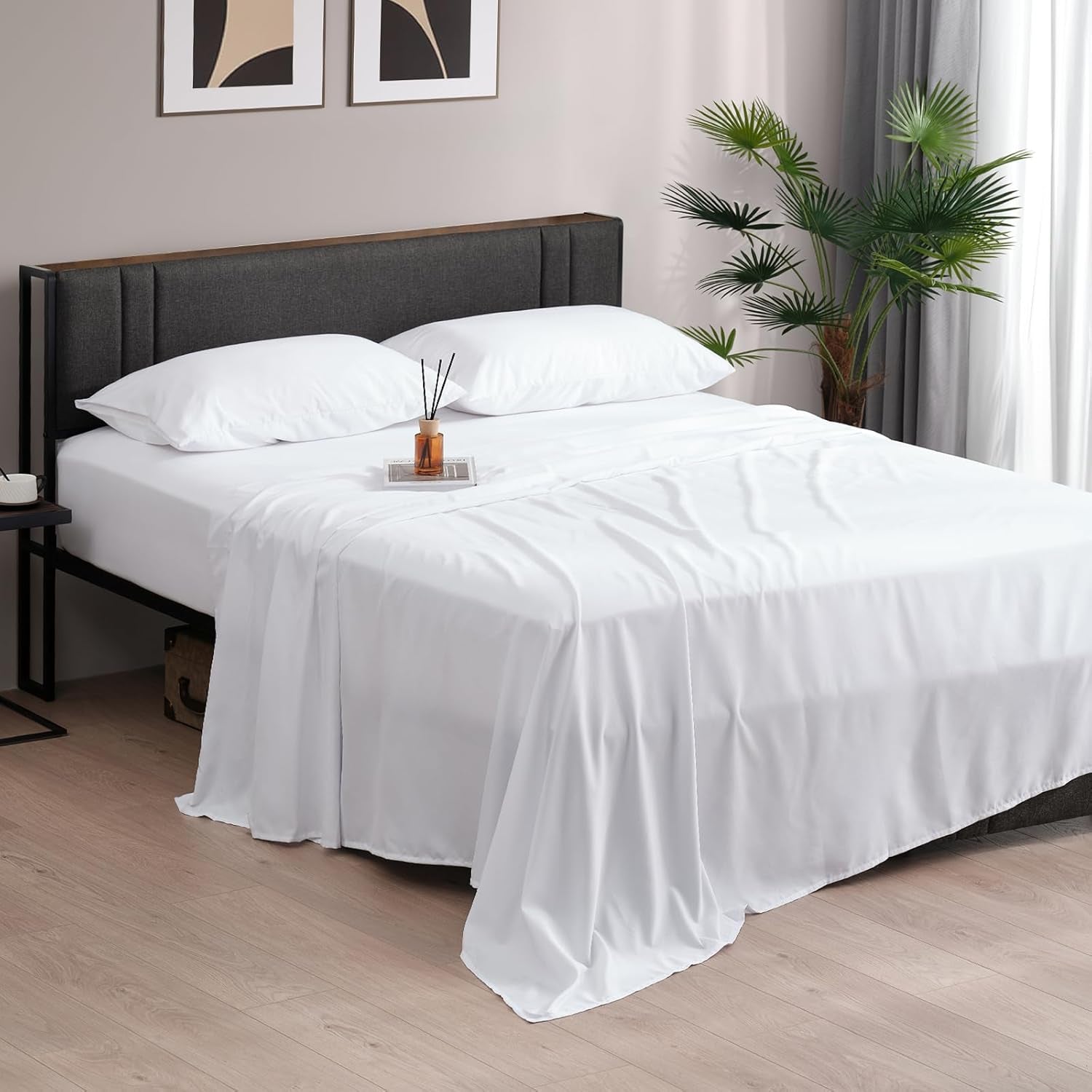 Queen Bed Sheets Set, 4 Piece Upgraded & Certified Sheets, Hotel Luxury Bedding Sheets & Pillowcases, Extra Soft & Wrinkle Free Sheets Cover, Deep Pocket Queen Sheets up to 16 Inch, Queen, White