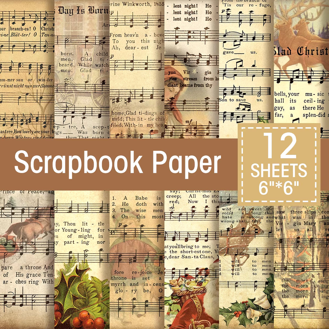 12Sheets/Set Vintage Christmas Sheet Music Scrapbook Paper 6X6Inch DIY Card Making,Decorations,Christmas Gift Scrapbook Supplies