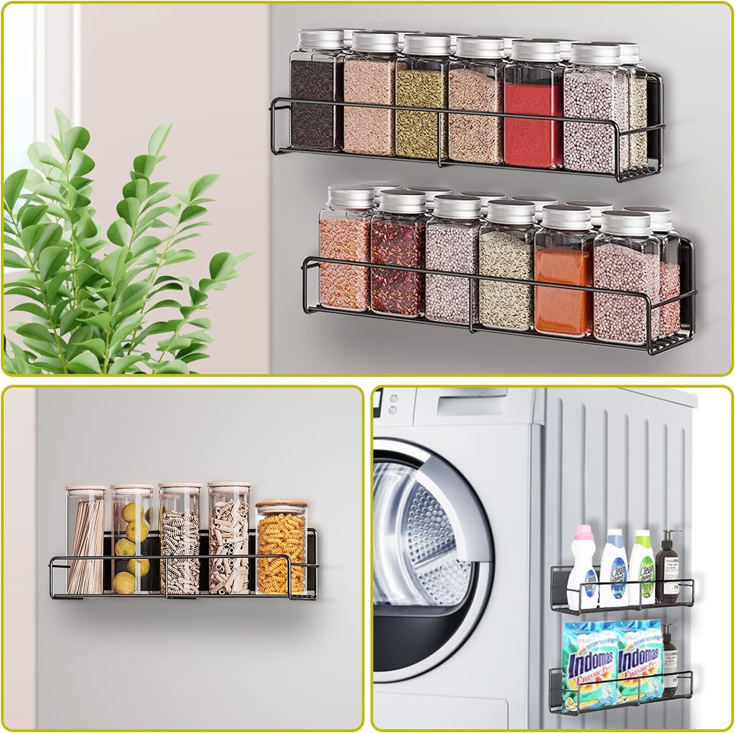 Magnetic Spice Rack for Refrigerator, 4 Pack Fridge Magnet Organizer Magnetic Shelf for Refrigerator and Microwave Oven Metal Fridge Shelf for Kitchen