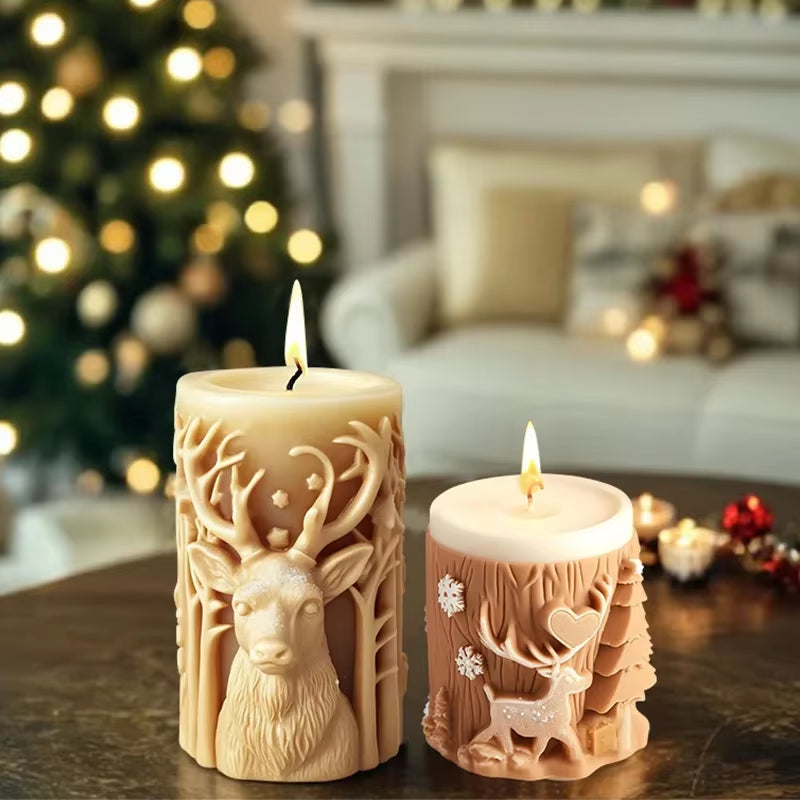 Christmas Tree Carving Pattern Cylindrical Candle Silicone Mold Reindeer Snowflake Cylindrical Elk Candle Mold Christmas Gifts