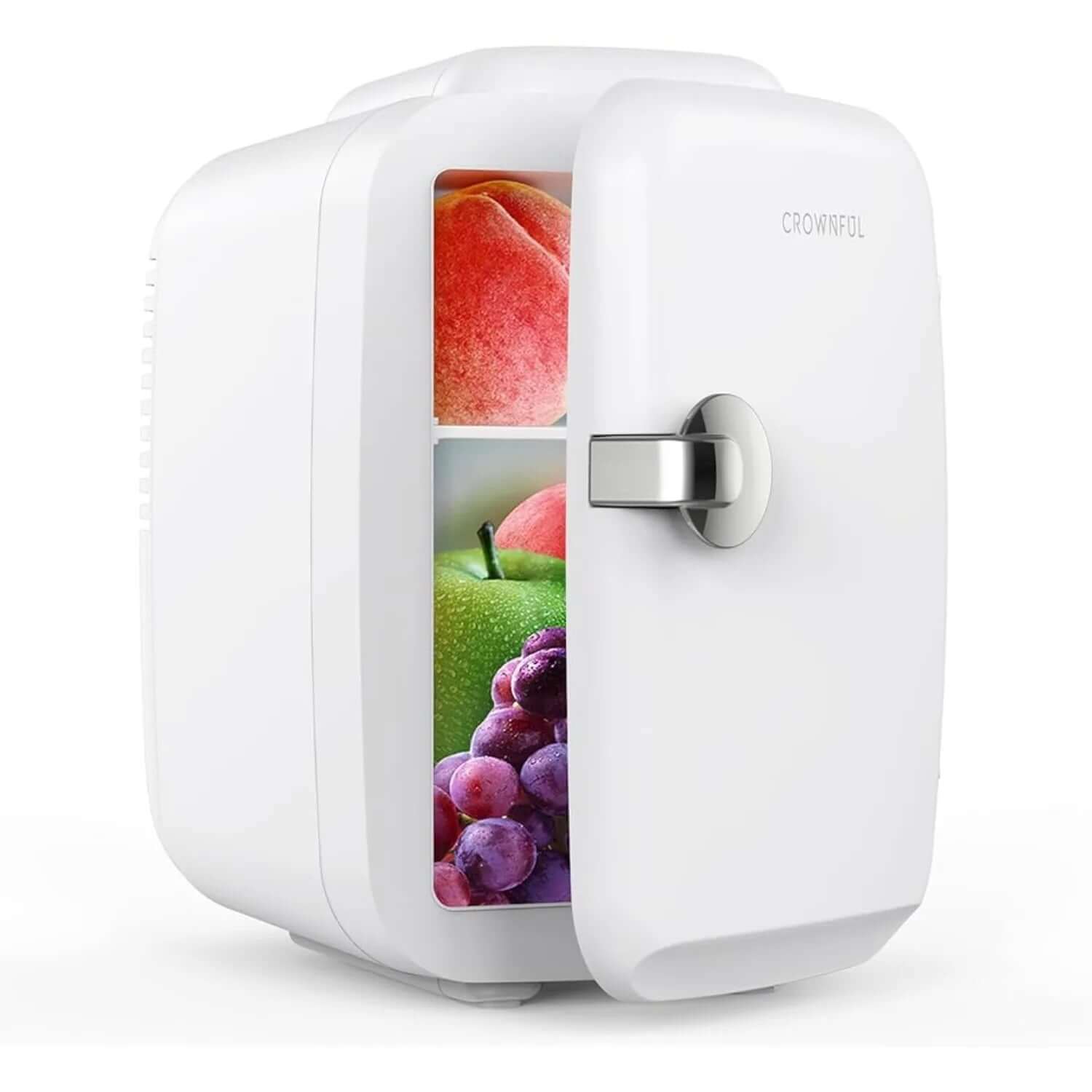 Mini fridge 4 L portable cooler and warmer for bedroom or office, storing food, drinks, and skincare, white with open door showing contents.