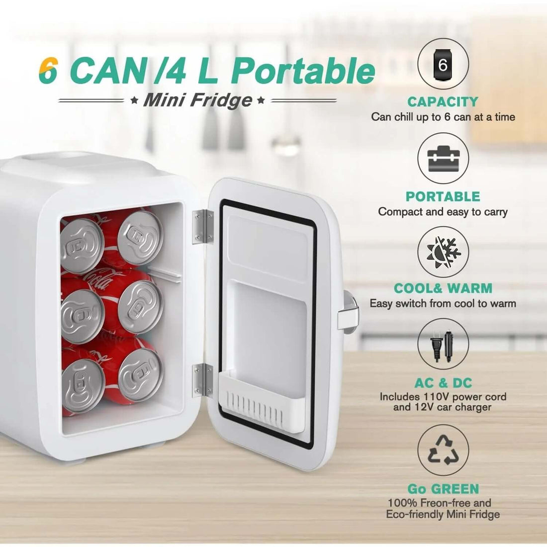 Mini fridge 4 L portable cooler and warmer for bedroom or office, storing food, drinks, and skincare, white with open door showing contents.