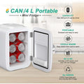 Mini fridge with 6 can capacity, 4-liter portable size, showcasing features like cool and warm settings, AC/DC power, eco-friendly design