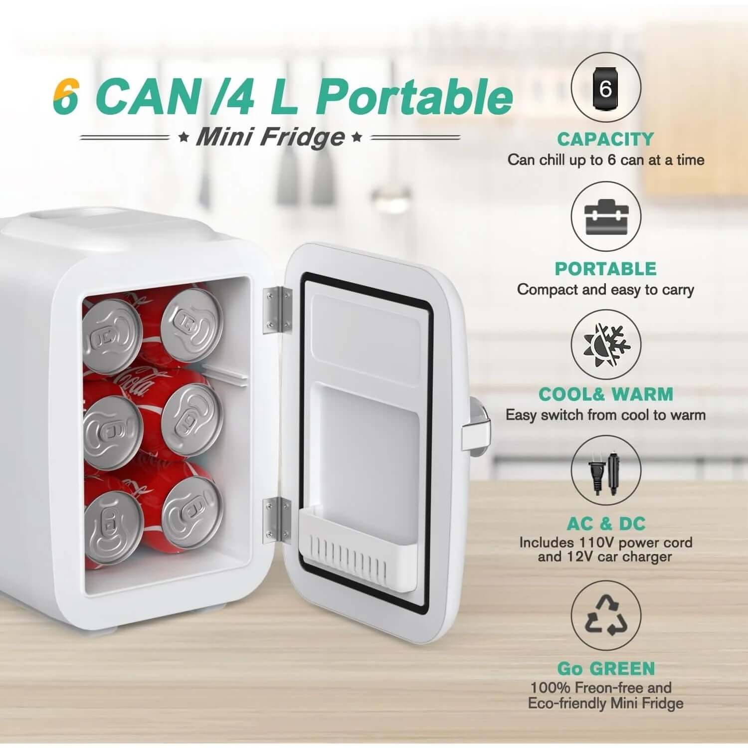 Mini fridge with 6 can capacity, 4-liter portable size, showcasing features like cool and warm settings, AC/DC power, eco-friendly design