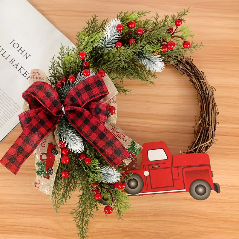 38CM Christmas Door Wreath Garland Wooden Car Red Berry Wall Hanging Ornament Merry Christmas Decoration for Home New Year 2025