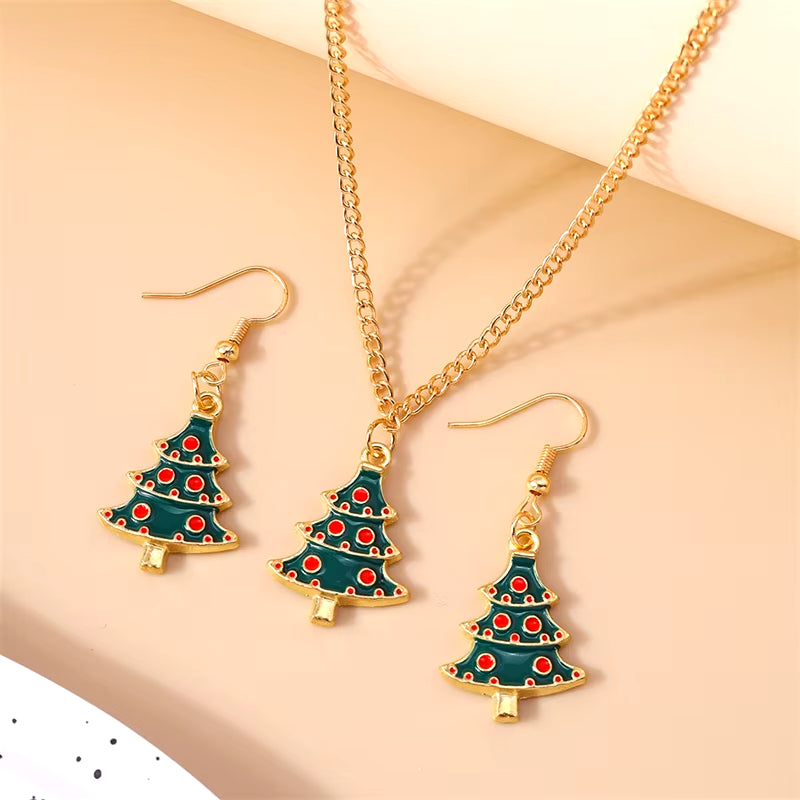 Fashion Christmas Necklace Earrings Jewelry Set for Women Christmas Tree Hat Deer Necklace Girls Party Festival Jewelry Gifts