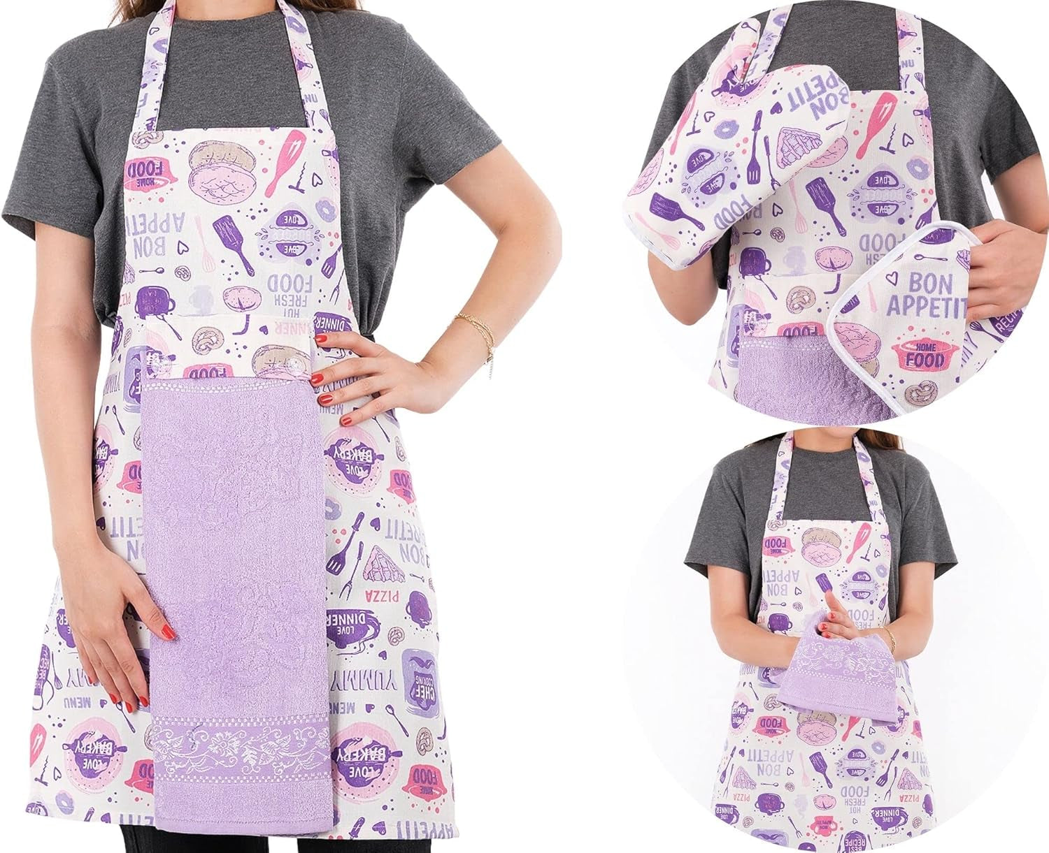 Apron Set with Removable Towel, Heat Resistant Kitchen Oven Mitt (7.5"X13") & Pot Holder (8"X8"),