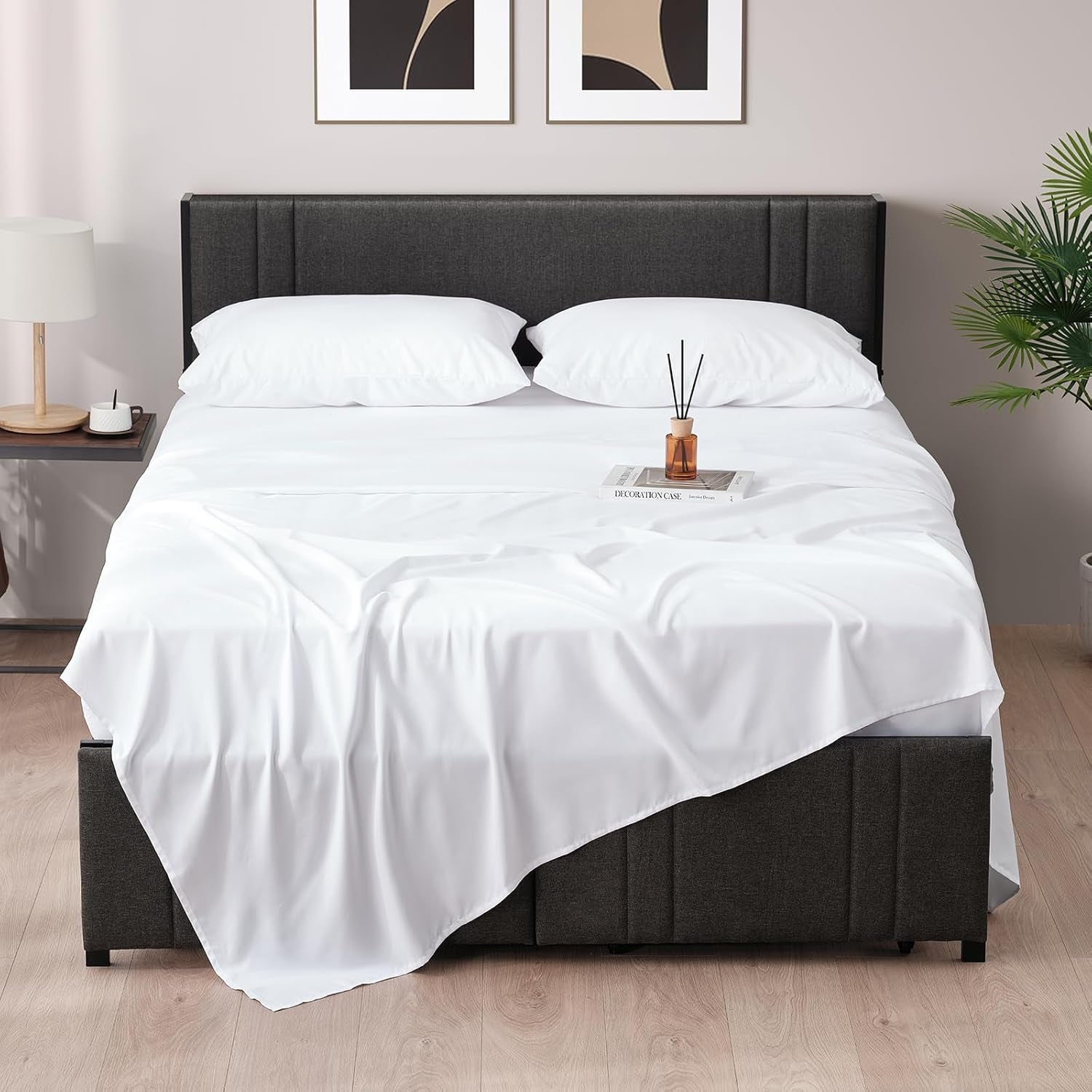 Queen Bed Sheets Set, 4 Piece Upgraded & Certified Sheets, Hotel Luxury Bedding Sheets & Pillowcases, Extra Soft & Wrinkle Free Sheets Cover, Deep Pocket Queen Sheets up to 16 Inch, Queen, White