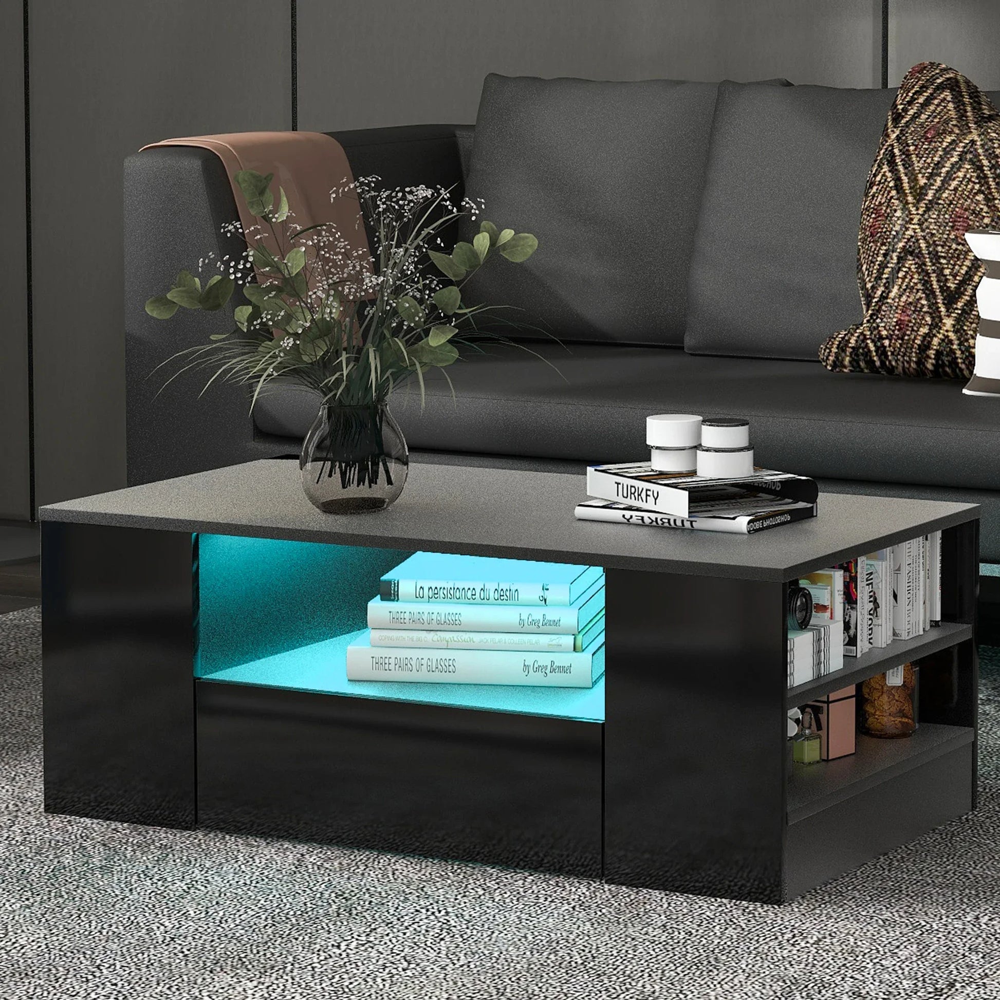 Modern High Gloss RGB LED Coffee Table with 4 Drawer Storage Organizer Sofa Side Table End Table Furniture for Living Room