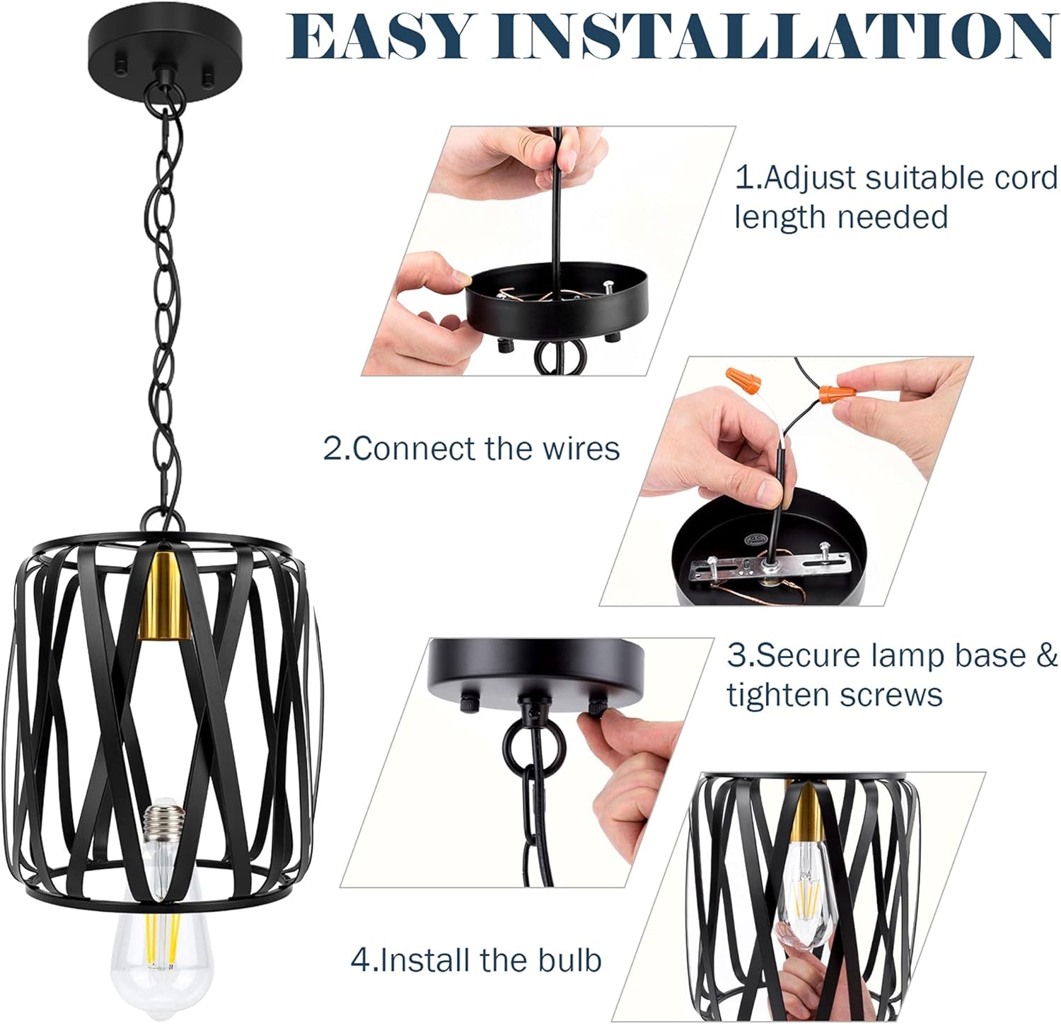 Caged Pendant Light, Industrial Farmhouse Black Pendant Light Fxitures with LED Bulb, Hanging Pendant Lighting for Kitchen Island, Dining Room, Bedroom, Bar, Hallway