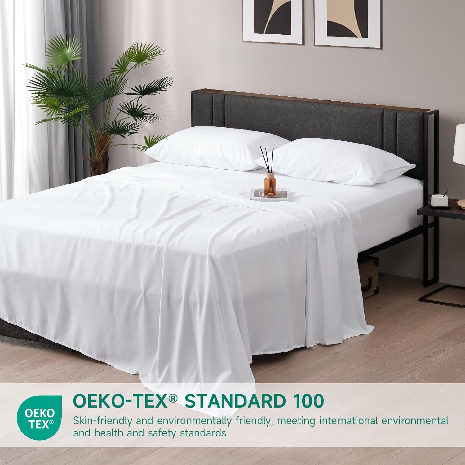 Queen Bed Sheets Set, 4 Piece Upgraded & Certified Sheets, Hotel Luxury Bedding Sheets & Pillowcases, Extra Soft & Wrinkle Free Sheets Cover, Deep Pocket Queen Sheets up to 16 Inch, Queen, White