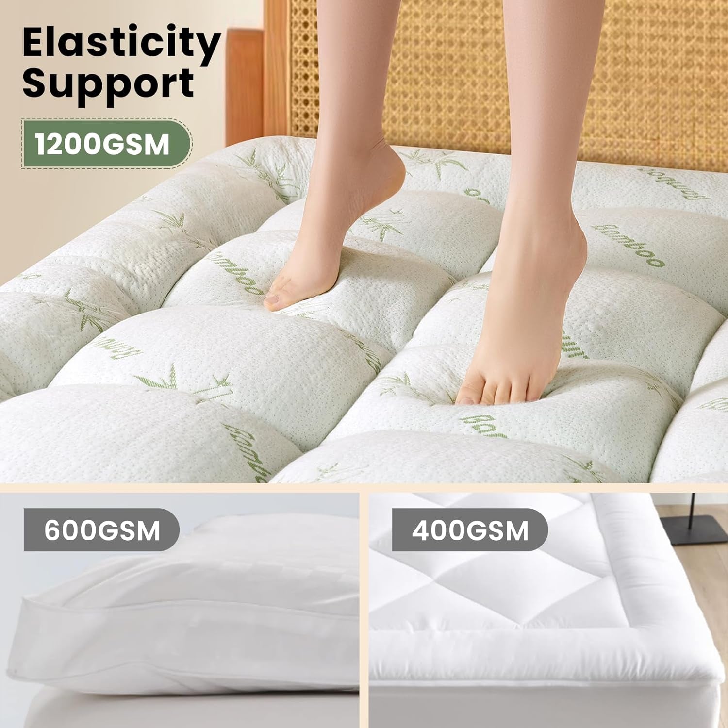 Bambu_Viscose Mattress Topper Queen,1200 GSM Cooling Mattress Pad,Extra Thick Pillow Top Mattress Topper for Back Pain,Soft Mattress Protector Cover with 8"-21" Deep Pocket(60"X80")