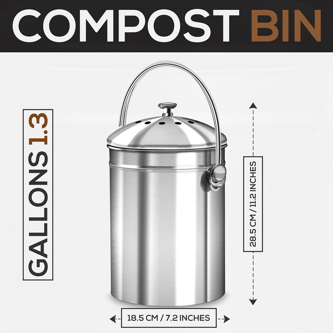 Compost Bin for Kitchen Countertop - 1.3 Gallon Compost Bucket for Kitchen with Lid - Includes 1 Spare Charcoal Filter (Silver)