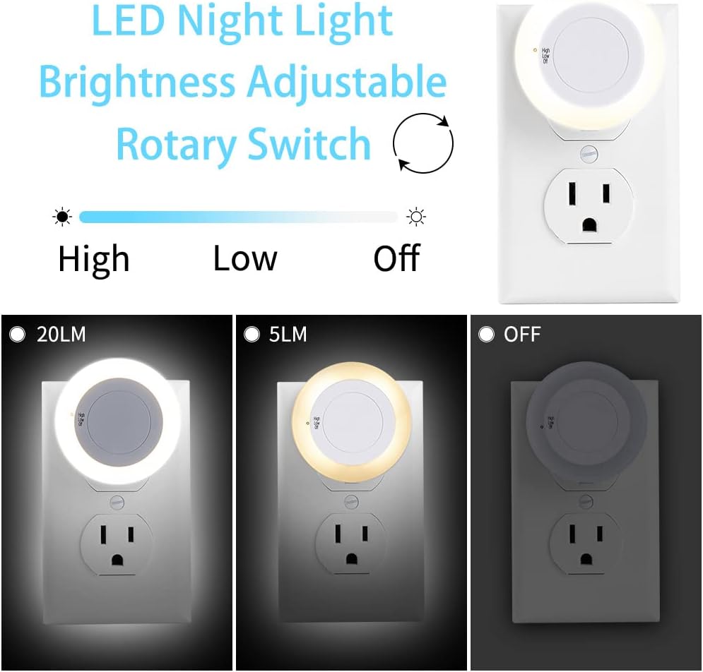 Plug in Night Light with High/Low/Off Switch, LED Manual Nightlight Max 20 Lumens, Indoor for Hallway, Bedroom, Kids Room, Warm White, Energy Efficient, ETL Listed 6 Pack