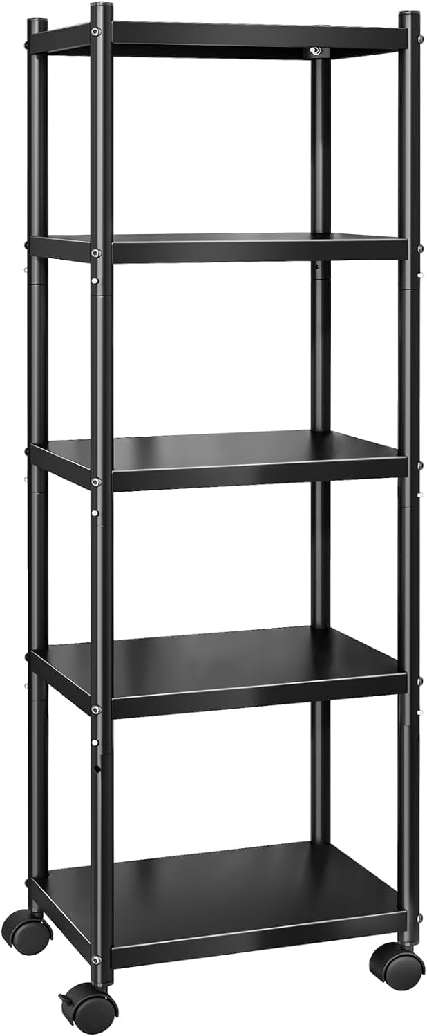 5-Tier Kitchen Storage Shelves, Adjustable Metal Shelves for Storage Pantry Shelves with Rolling Wheels, Storage Rack Shelving Unit Organizer for Bedroom Laundry Closet