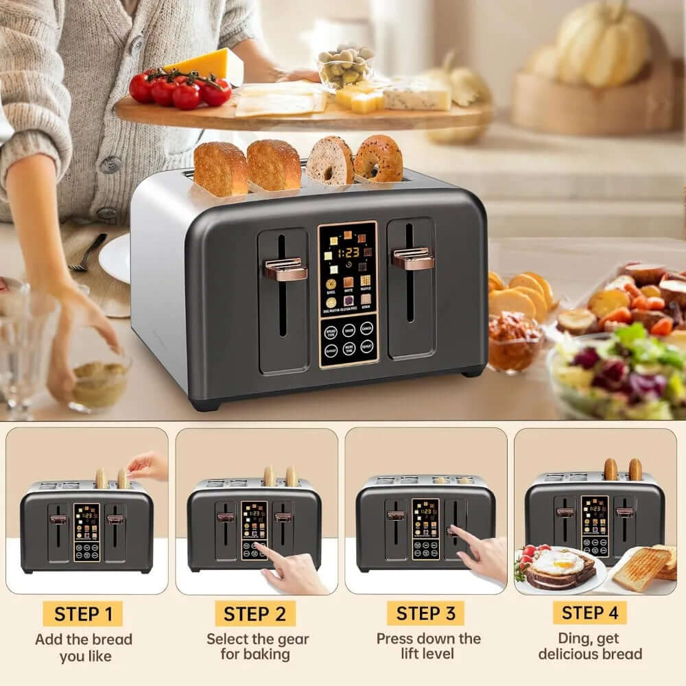 Toaster 4 Slice, Stainless Toaster LCD Display & Touch Button, 6 Bread Selection, 7 Shade Settings, 1800W, Dark Metallic