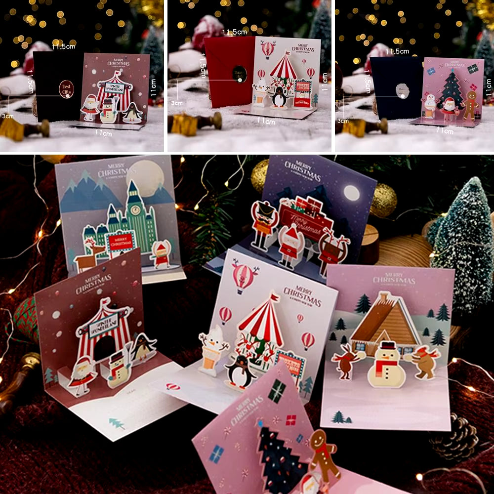 6Pcs/Set Christmas 3D Greeting Cards Pop-Up Santa with Envelope Stickers Postcards for Snowman Reindeer Party