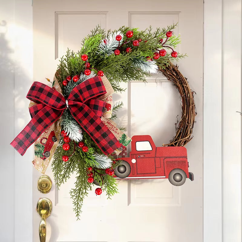 38CM Christmas Door Wreath Garland Wooden Car Red Berry Wall Hanging Ornament Merry Christmas Decoration for Home New Year 2025