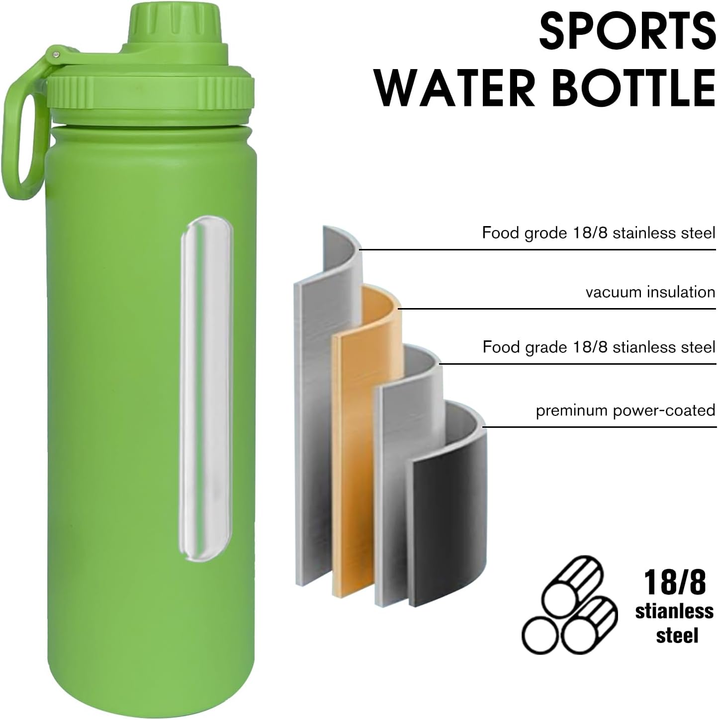 22Oz Insulated Water Bottle ，Stainless Steel Sports Water Cup Flask with 2 Lids, Wide Mouth Travel Thermal Mug,Outdoor Sports Bottle（Lemon Green）