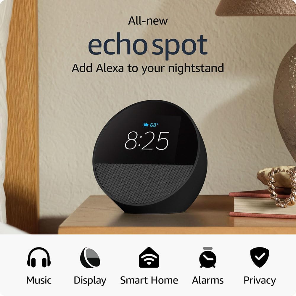 All-New  Echo Spot (2024 Release), Smart Alarm Clock with Vibrant Sound + Alexa, Black