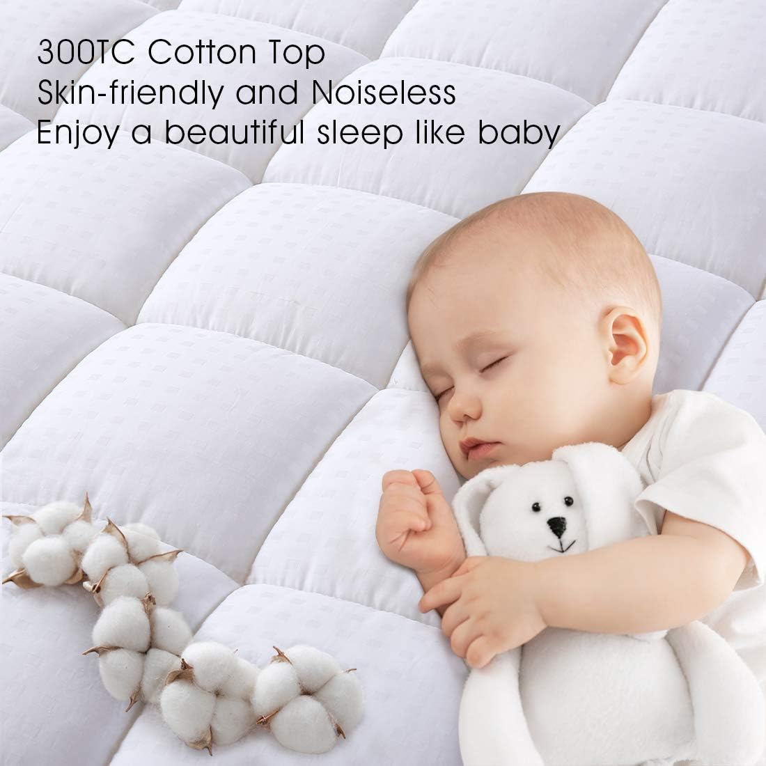Queen Size Mattress Pad Pillow Top Mattress Cover Quilted Fitted Mattress Protector Cotton Top Stretches up 8-21" Deep Pocket Cooling Mattress Topper (60X80 Inch, White)