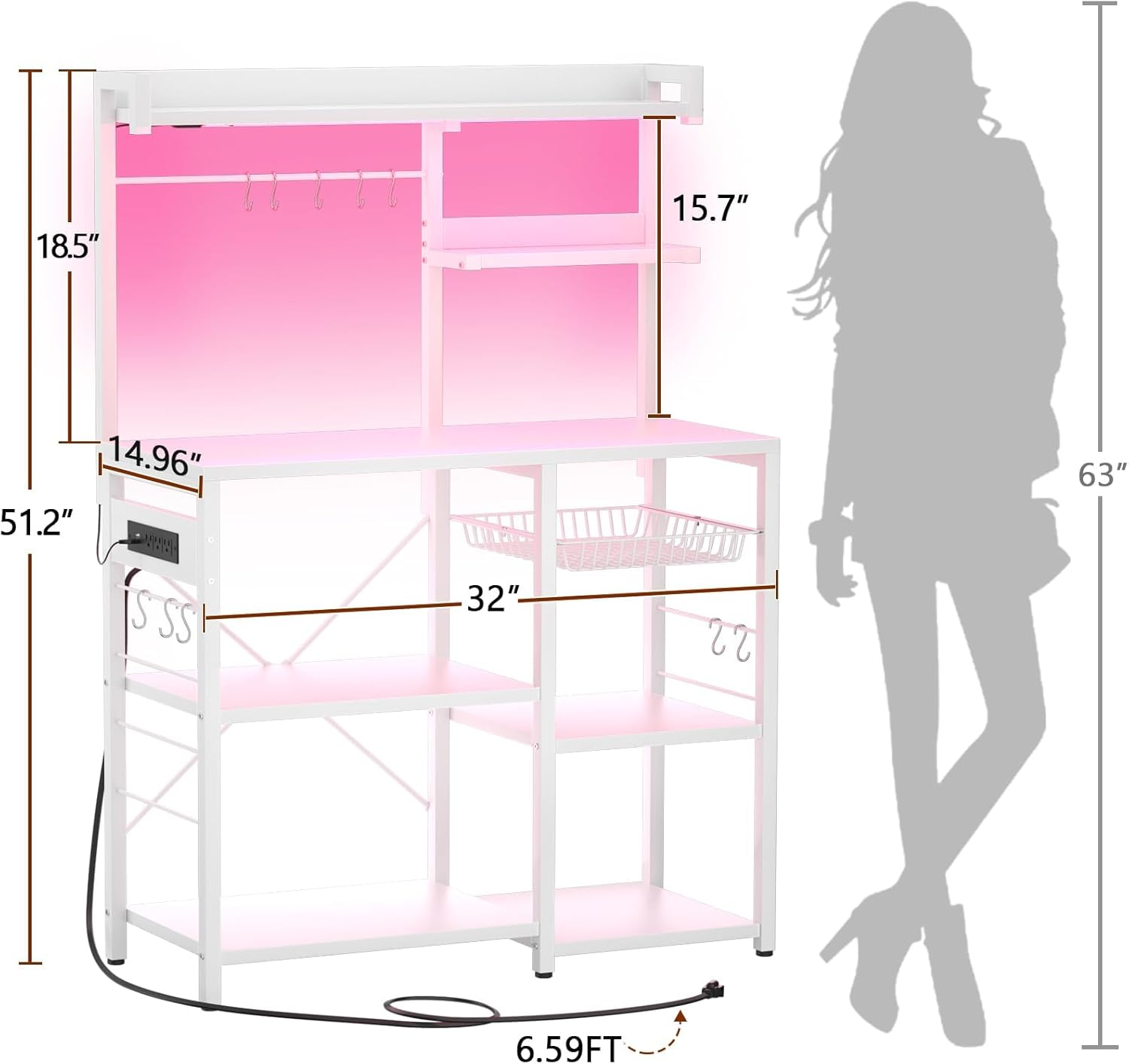 Bakers Rack with Power Outlet and LED Light Strings, Microwave Oven Stand Kitchen Storage Shelf with Wire Basket, Coffee Bar Station Island Table with 10 Hooks for Spices, Pots, Pans, White