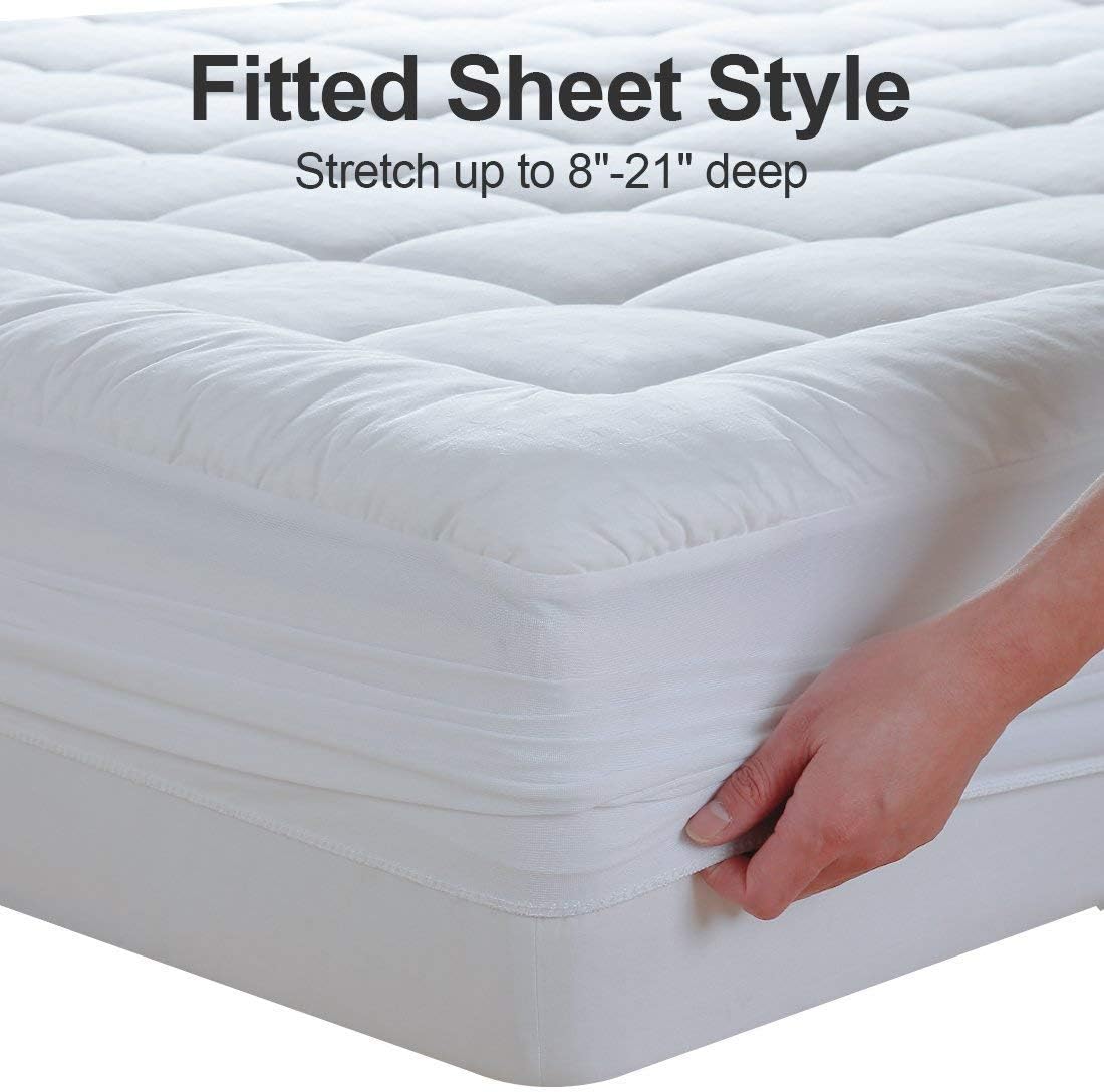 Queen Size Mattress Pad Pillow Top Mattress Cover Quilted Fitted Mattress Protector Cotton Top Stretches up 8-21" Deep Pocket Cooling Mattress Topper (60X80 Inch, White)