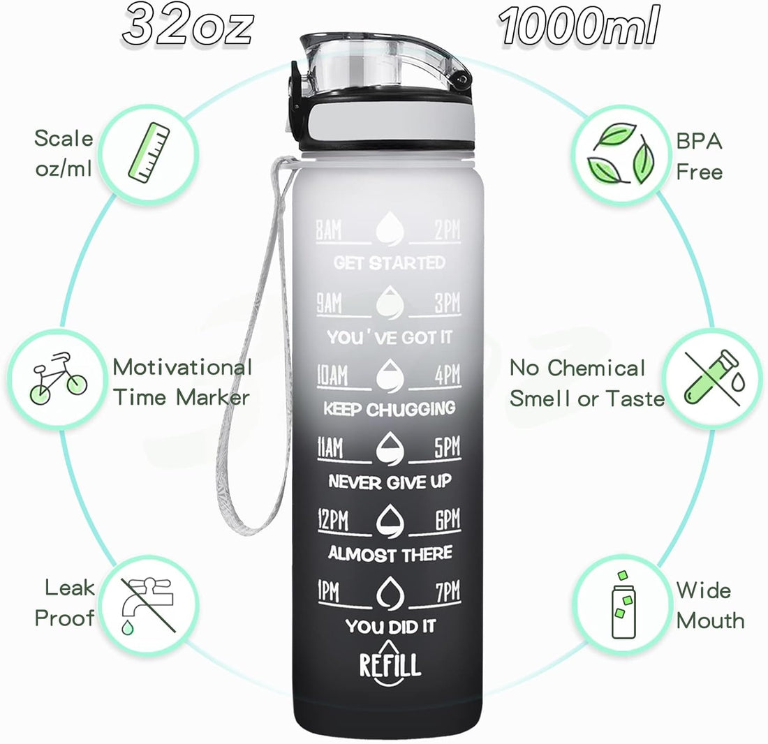 Water Bottle, Leakproof BPA & Toxic Free, Motivational Water Bottle with Times to Drink and Straw, Fitness Sports Water Bottle with Strap for Office, Gym, Outdoor Sports