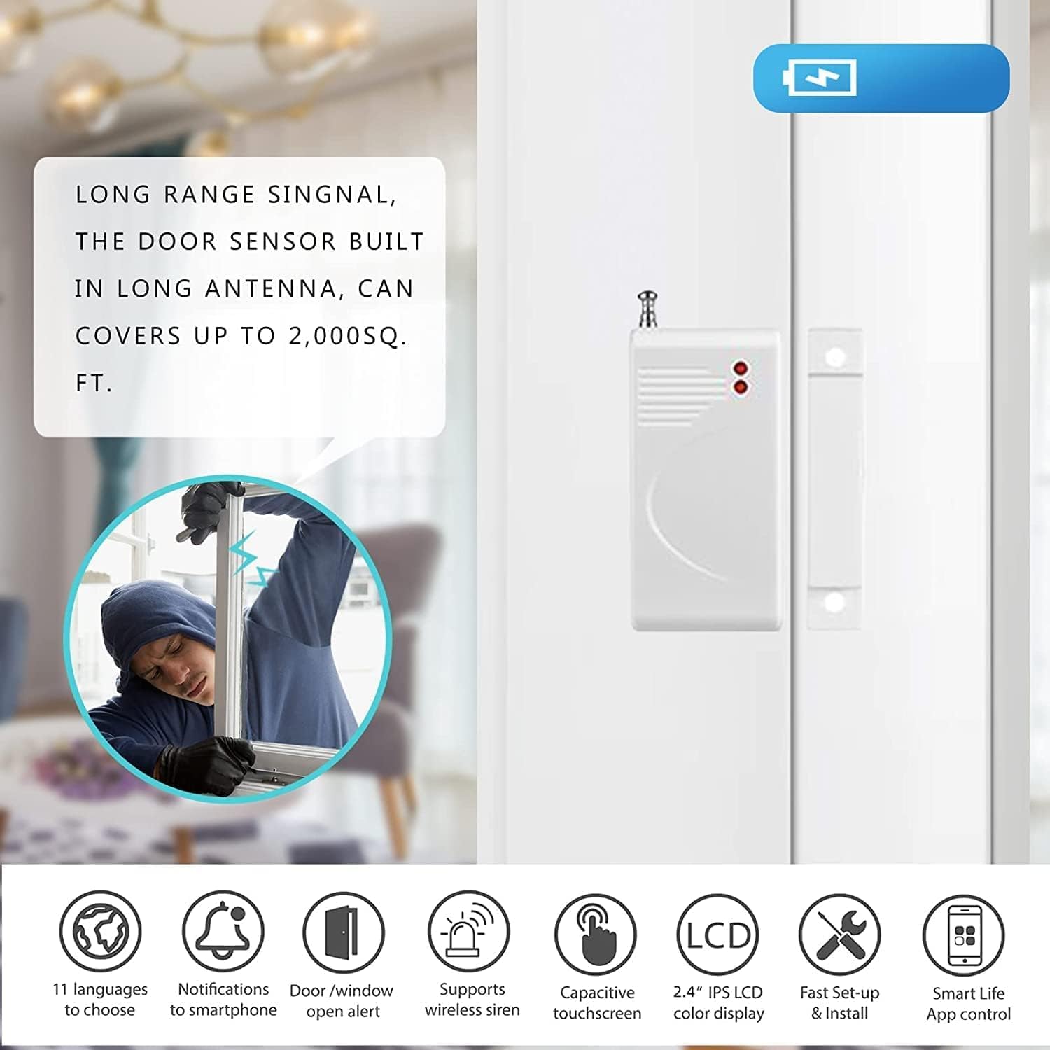 Wifi and GSM Home Security Alarm System, Door/Window Sensor (X10) Motion Detector (X1) with Smart Life and Tuya App Alert, Works with Google Assistant and Alexa