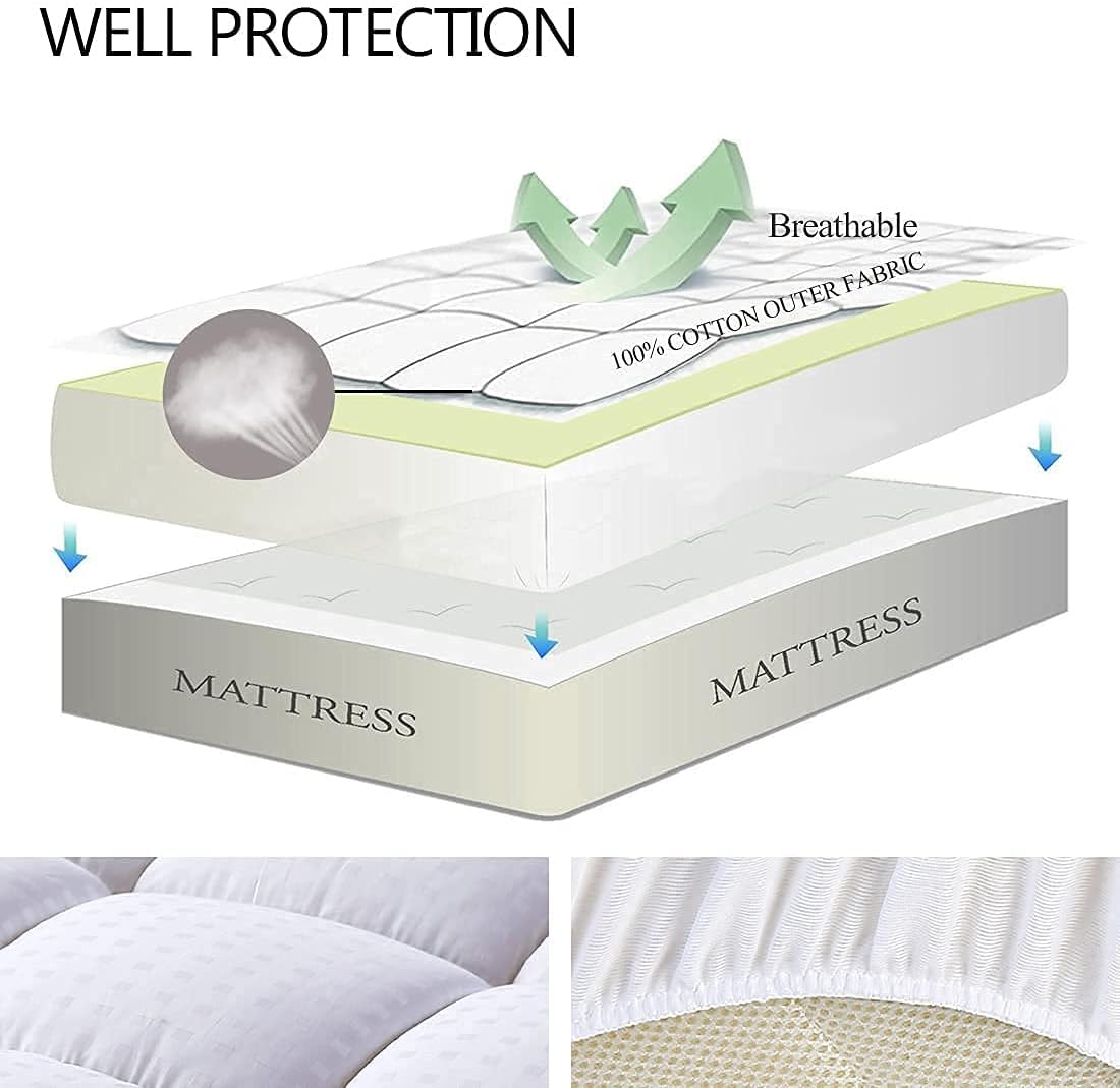 Queen Size Mattress Pad Pillow Top Mattress Cover Quilted Fitted Mattress Protector Cotton Top Stretches up 8-21" Deep Pocket Cooling Mattress Topper (60X80 Inch, White)
