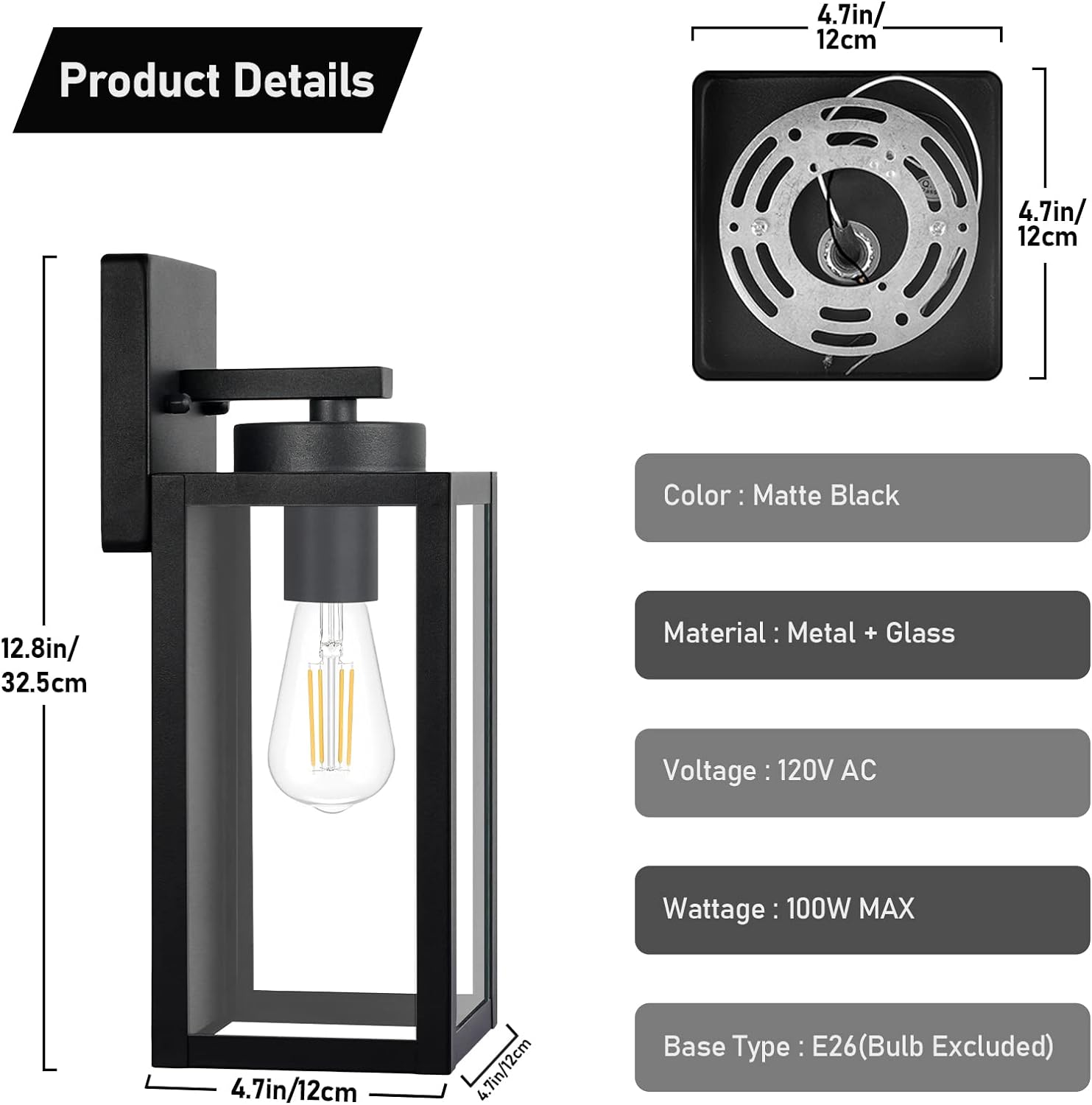 Outdoor Wall Light Fixtures, Exterior Waterproof Lanterns, Porch Sconces Wall Mounted Lighting with E26 Sockets & Glass Shades, Modern Matte Black Wall Lamps for Patio Front Door Entryway, 2-Pack