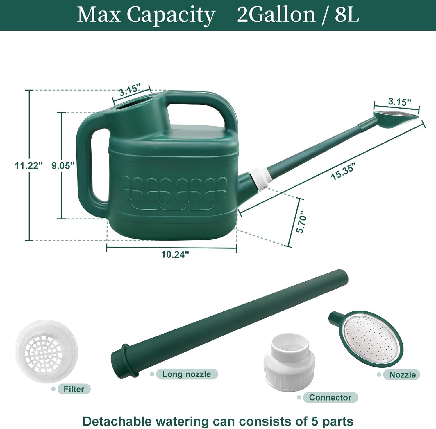 2 Gallon Watering Can for Outdoor Plants with Removable Long Spout and Stainless Steel Sprinkler Head, Large Plastic Watering Can for Garden Flowers Plants