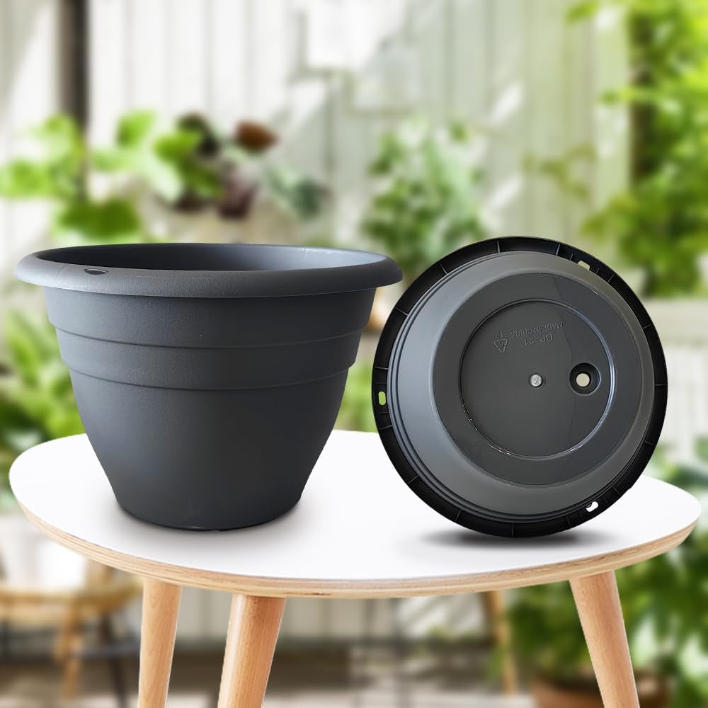 Plant Pots Set of 5, 10 Inch round Flower Pots, Thickened Plant Planters with Drainage Holes, Garden Pots for Indoor Outdoor (Dark Gray)