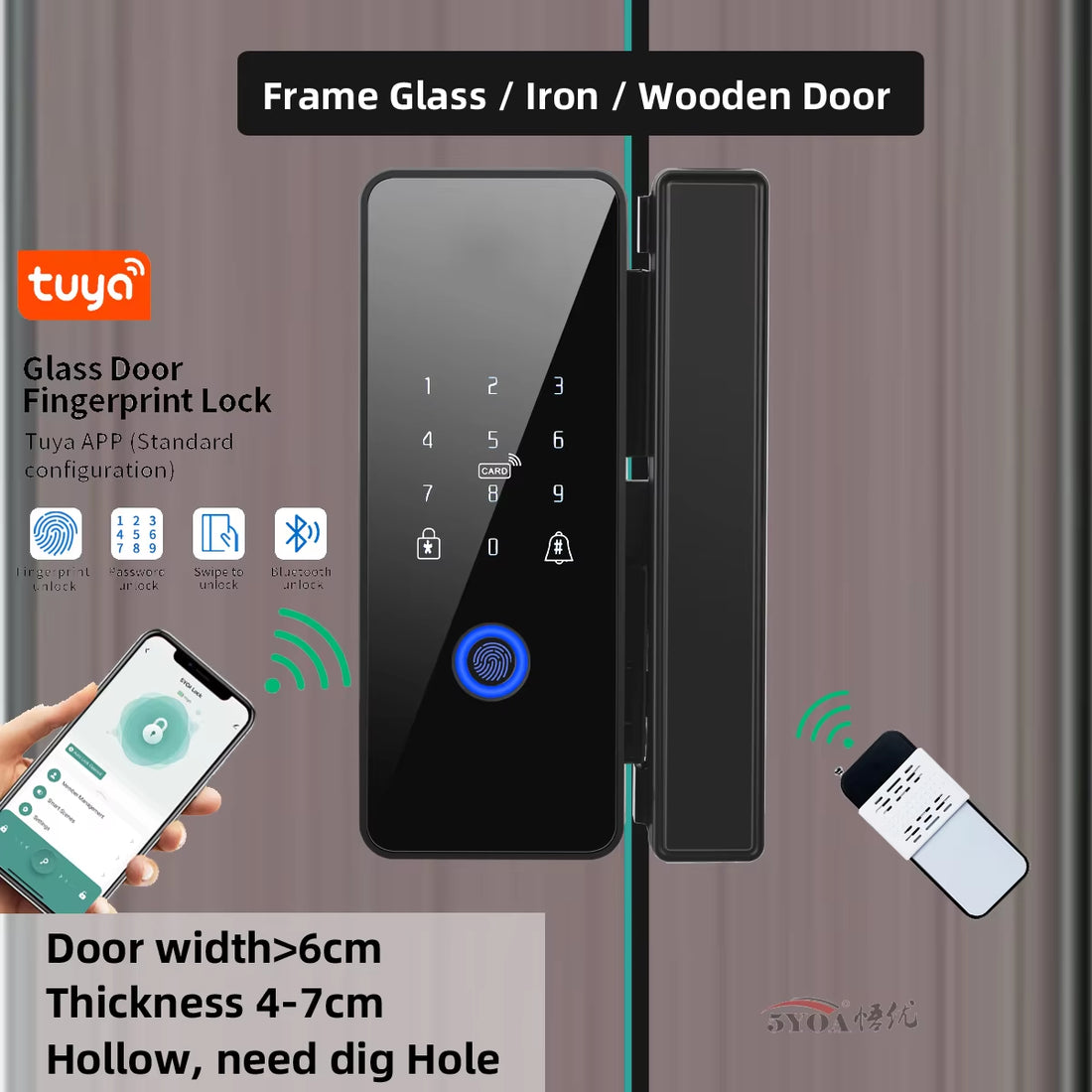 Tuya APP Glasses Fingerprint Lock Bluetooth Smart Glass Door Biometric Electronic Door Lock 13.56Mhz RFID Remote Control Unlock