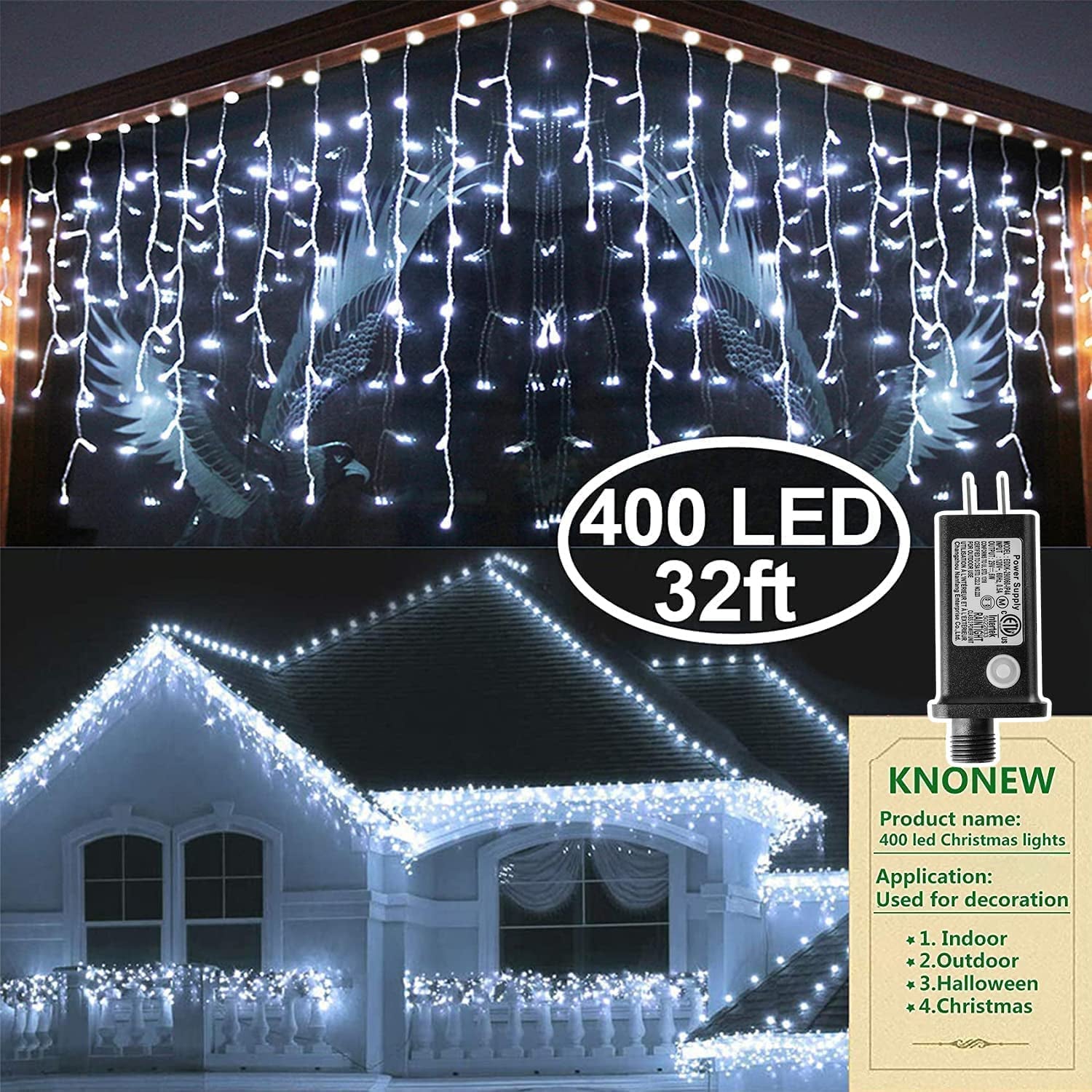 Christmas Lights Outdoor Decorations 400 LED 33Ft 8 Modes Curtain Fairy String Light with 75 Drops, Clear Wire LED String Light Decor for Wedding Party Holiday Christmas Decorations Cool White