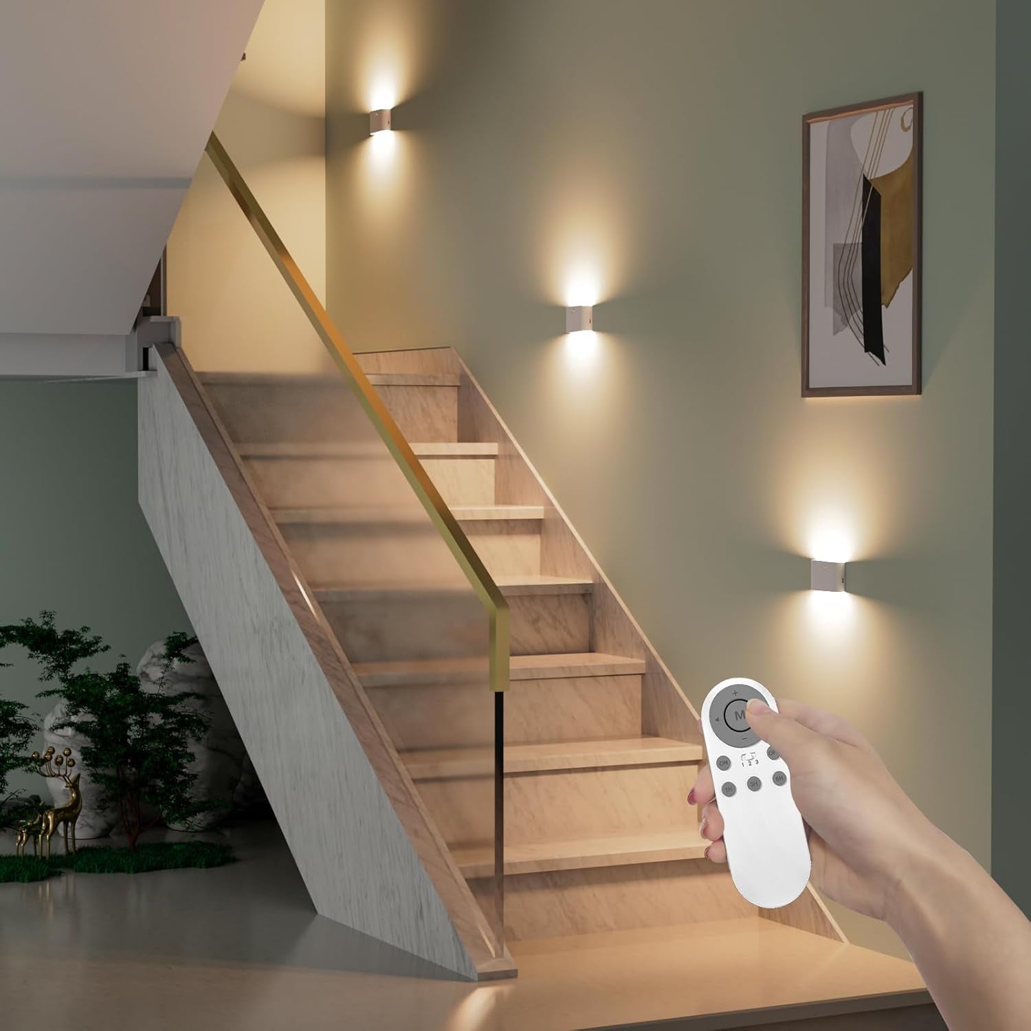 Rechargeable LED Wall Mounted Stair Night Lights with Remote, Pack of 3 Lamps and 1 Remote, Smart Group Control, Warm White Daylight Ambient Lighting, for Hallway Bedroom Kids Room