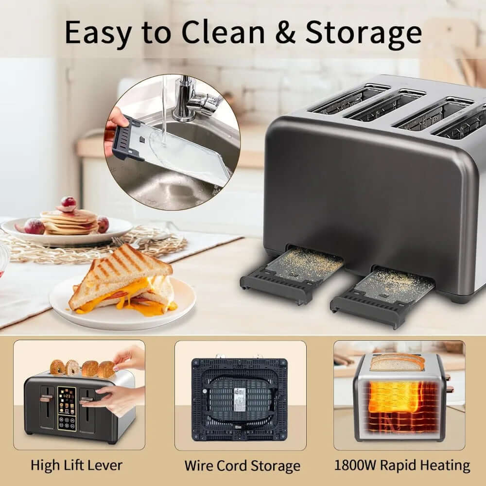 Toaster 4 Slice, Stainless Toaster LCD Display & Touch Button, 6 Bread Selection, 7 Shade Settings, 1800W, Dark Metallic