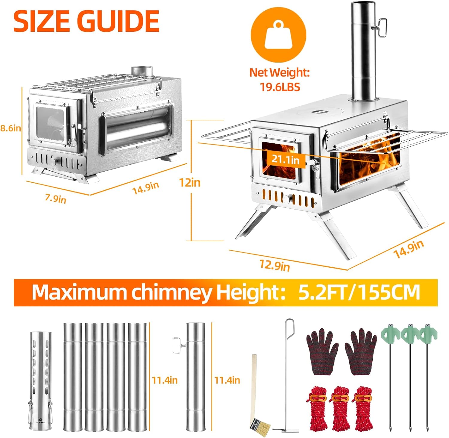 Hot Tent Stove,  Wood Burning Stove, Portable Wood Stove with 6 Stainless Chimney Pipes for Outdoor Heating & Cooking, Ice Fishing, Hunting