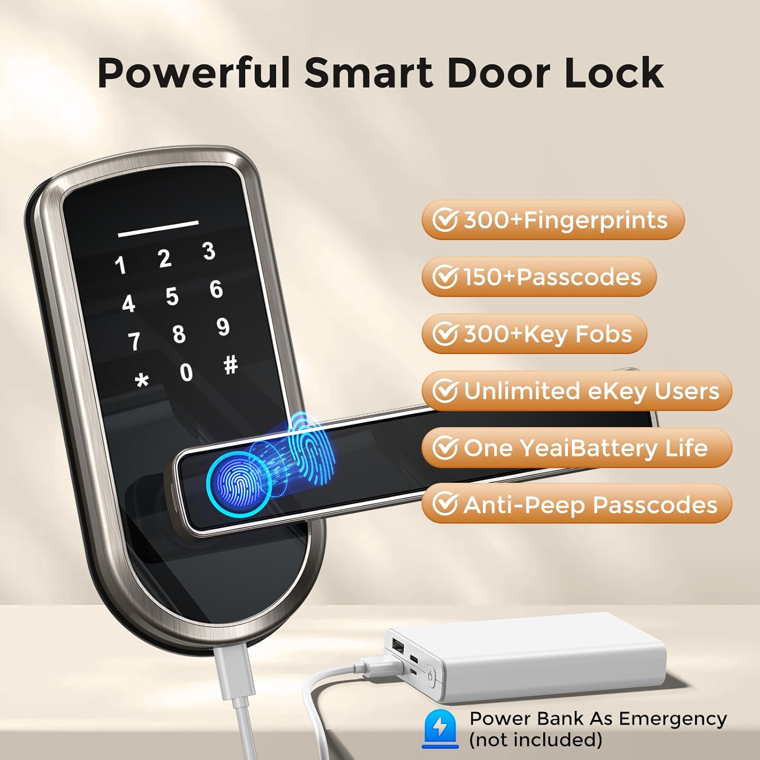 Keyless-Entry Fingerprint Smart Door Lock, Smart Locks for Front Door with Code Passcode App Control All in One Zinc Alloy Electronic Digital Door Lock with Keypad, Easy Installation