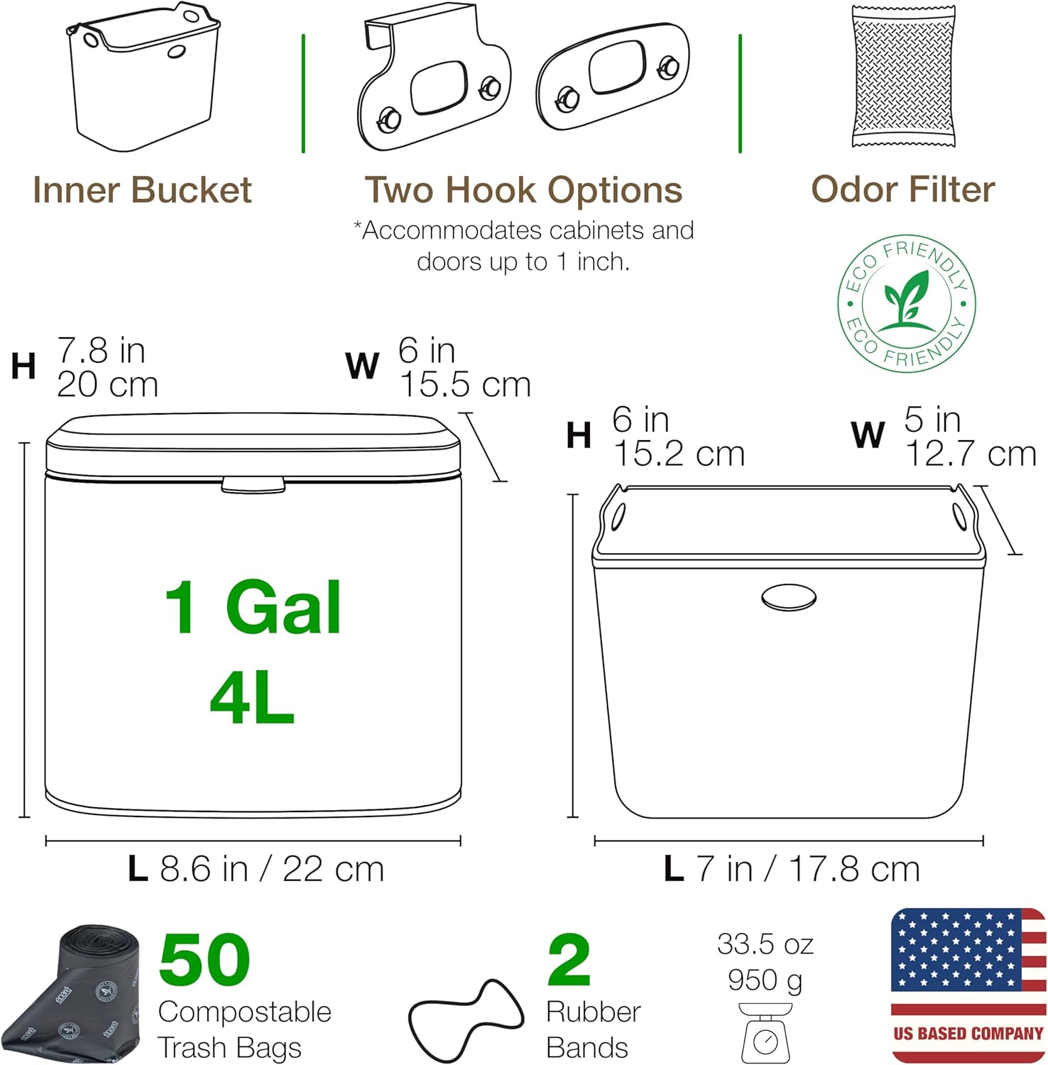 Kitchen Compost Bin Countertop - 1 Gallon Odorless Small Stainless Steel Composting Bin - Hanging Food & Waste Counter Top Trash Can - with 50 Compostable Trash Bags & Carbon Filter