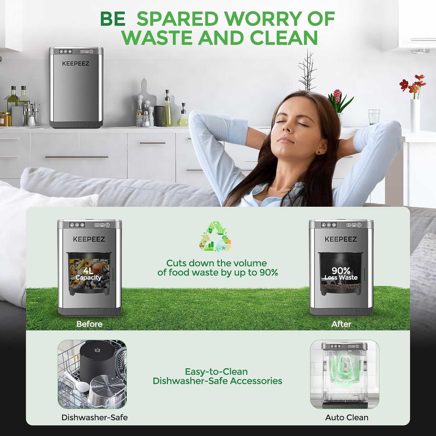 Upgraded Electric Composter, 1 Gallon Largest Smart Indoor Compost Bin Kitchen, 2 Carbon Filter, Food Recycling Composting Odor Free, Converts Waste to Dry Compost, Kitchen Composter 80% Energy Saver