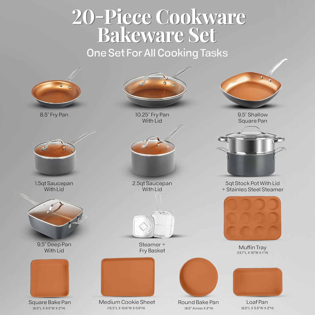 20 Pc Pots and Pans Set, Bakeware Set, Ceramic Cookware Set for Kitchen, Long Lasting Non Stick Pots and Pans Set with Lids Dishwasher / Oven Safe, Non Toxic-Copper