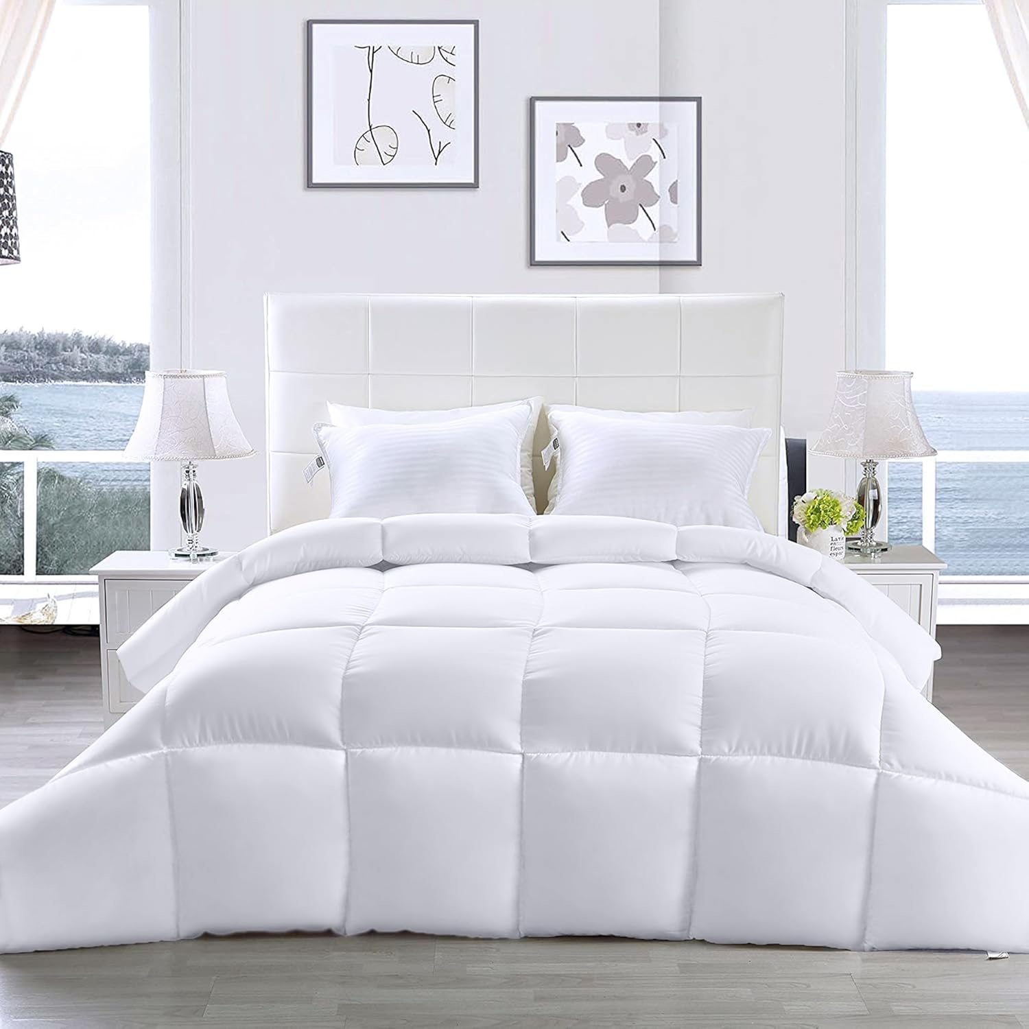 Comforters Queen Size, All Season Duvet Insert, down Alternative Box Stitched Bed Comforter with Corner Tabs, Machine Washable (White)